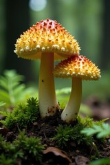 Fototapeta premium Shaggy Ink Cap fungi on a forest floor with ferns, County Durham, Hamsterley Forest