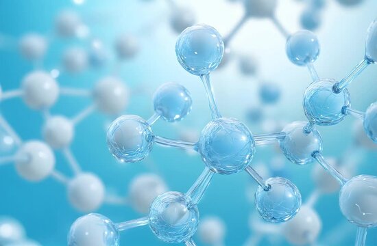 A dynamic visualization of hyaluronic acid molecules moving, representing hydration, skincare, and dermatology benefits