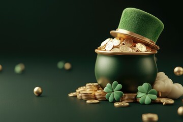 Small Pot Filled With Gold Coins, Green Shamrock, and Leprechaun Hat Against a Black Background in Minimalistic Presentation