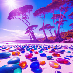Vibrant small stones along the seashore under the blue sky & trees
