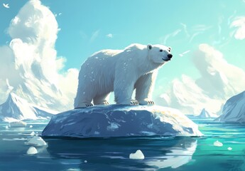 A polar bear stands on a piece of ice in the ocean