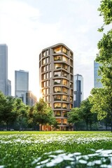 A towering highrise building beautifully merges cuttingedge modern design with lush urban greenery, effectively creating a vibrant city landscape that expertly balances nature with urban living