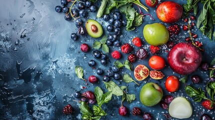 Fresh fruits and berries on a dark slate background