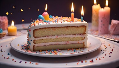 Un trozo de tarta de cumpleaños con una vela encendida en un plato, rodeado de chispitas de colores
