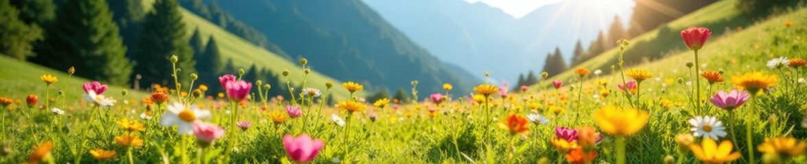 Fototapeta premium Sunlight filters through wildflowers in an alpine meadow, wildflowers, flowers