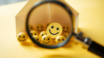 A magnifying glass focuses on a smiling face among feedback emoticons on a yellow background.