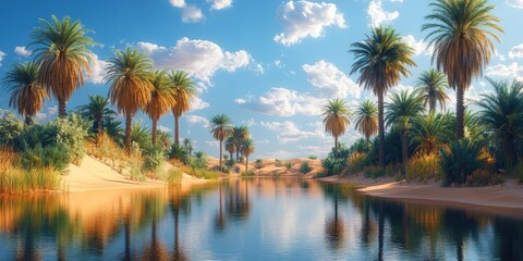 Serene Oasis: Palm Trees Reflecting in a Calm Desert River