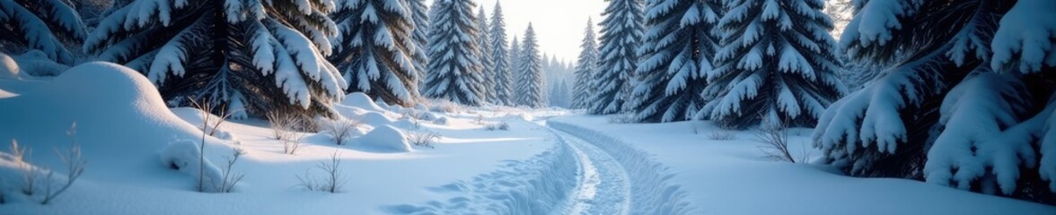 Fototapeta premium A frosty pine forest pathway winding through a snowy landscape, Serene, Nature