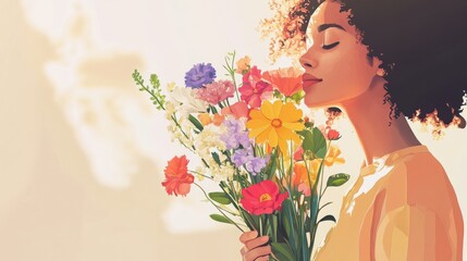 Fototapeta premium Peaceful woman holding a vibrant bouquet, enjoying the sweet fragrance of flowers in a tranquil setting, with copy space 