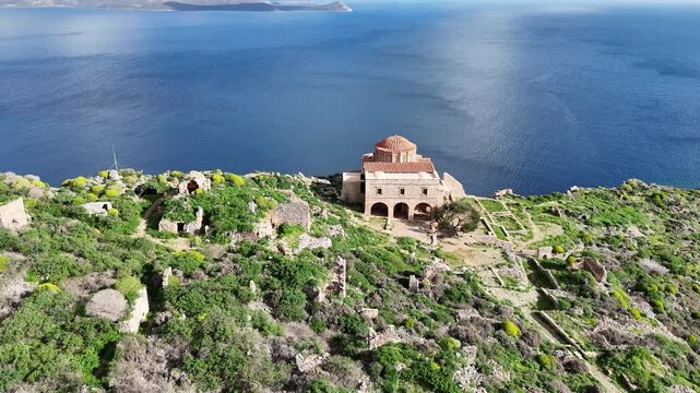 Aerial view of small Byzantine church of Agia Sofia on top of Monemvasia medieval castle a small replica of Istanbul Agia Sofia, Lakonia, Greece