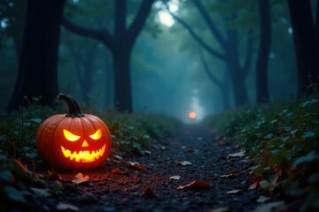 A jack-o-lantern's gentle light illuminates a misty forest path, pumpkins, lantern