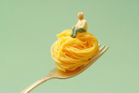 Creative Retro-Style Food Collage Featuring a Miniature Figure Sitting on Spaghetti, Styled With Soft Pastel Tones