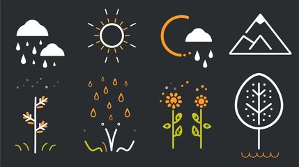 minimalist line icons with a black background showing different elements of nature. The set contains icons for rain, sun, clouds, mountains, grass, flowers and trees.
