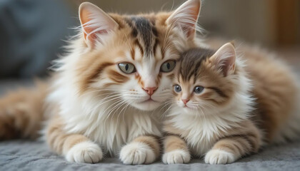 Adorable Mother Cat and Kitten Cuddling