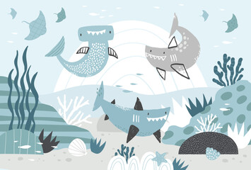 Vector illustration underwater world with cute cute sharks, hammerhead shark, fish, stingray, seabed. Algae and coral. Children's sea wallpaper. Animals. Kids room design, wall decor. Mural. Wall art.