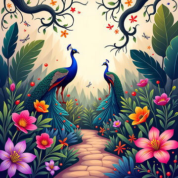 Des paons dans la nature avec des fleurs color&eacute;es