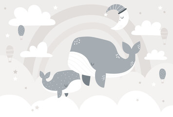 Vector illustration of cute whale and whale baby in clouds, moon, balloons, stars and rainbow. Beige gentle design for children's bedroom. Kids wallpaper design. Baby room design, wall decor, mural.