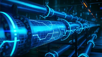 futuristic pipeline with glowing blue digital displays integrated into its structure. The image evokes a sense of technological advancement and efficiency.