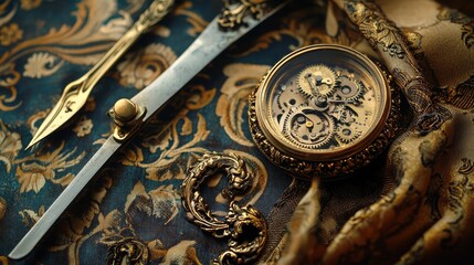 Antique pocket watch and dagger on a vintage textured surface