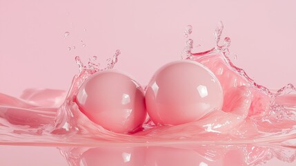 Pink bath bombs splashing in water with pastel tones