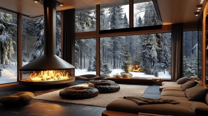 Modern winter lodge living room with fireplace and snowy forest view
