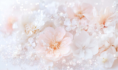 soft pastel background featuring delicate glitter and ethereal flowers creates dreamy and serene atmosphere, with focus on light pink and white blossoms