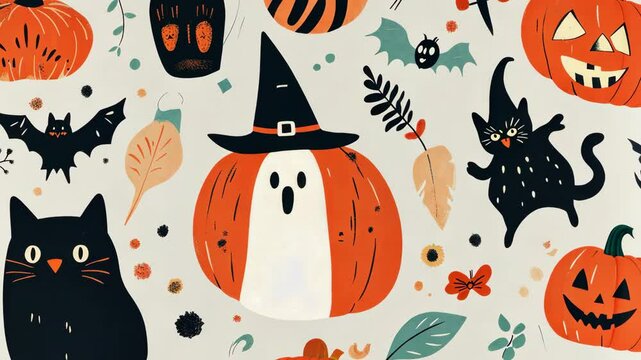 Halloween pumpkin parade: whimsical witch hats, playful cats, and spooky patterns