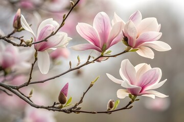 Blossoming pink magnolia flowers against a blue sky background in spring garden, natural wallpaper, macro image with copyspace