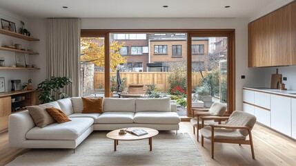 Fototapeta premium Modern living room autumn garden view