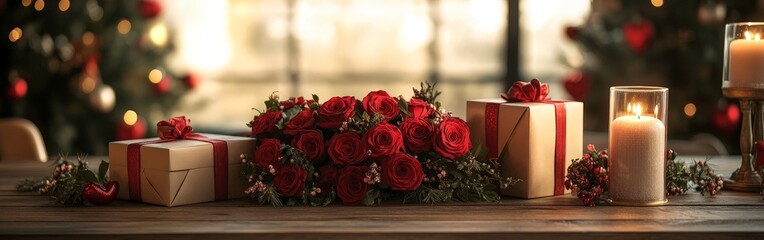 Obraz premium A festive Valentine’s Day table featuring red roses, wrapped gifts, and romantic decor. Ideal for love, gifting, and celebration themes.