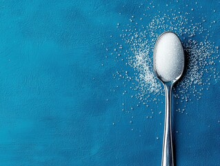 Close-up of a silver spoon with sugar on a blue background.