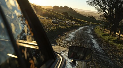 A scenic view of a rural road and grazing sheep at sunset.