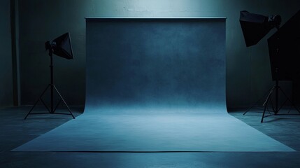 Empty photography studio with blue textured backdrop