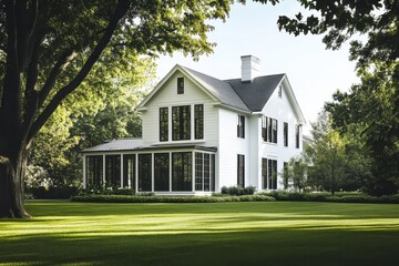 A contemporary white farmhouse is beautifully set against a backdrop of vibrant green landscapes, creating a tranquil rural scene illuminated by daylight