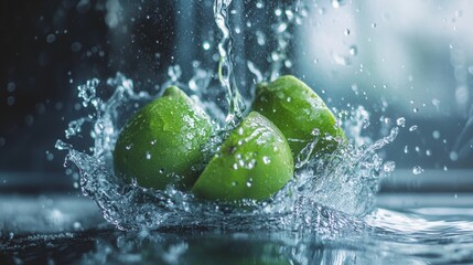 Fresh green apples splashed with water on a dark background