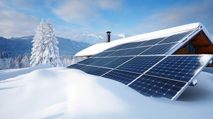 Snow-Covered Solar Panels on a Roof Surrounded by Winter Landscape with Trees and Mountains in the Background Under a Clear Blue Sky