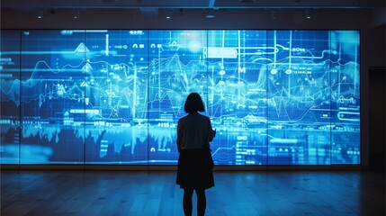 Woman contemplating data visualizations on a large screen