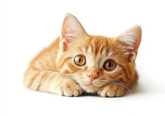 Cute Ginger Cat Laying on White Background with Large Eyes and Soft Fur, Perfect for Pet Lovers and Animal Photography Enthusiasts