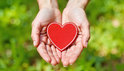 Hands holding red heart against blurred green background