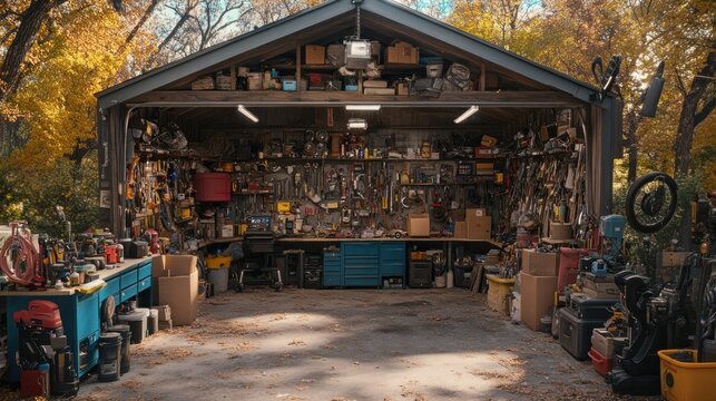 Autumnal workshop overflowing tools, backyard shed