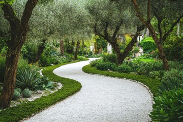 Naklejka premium A tranquil and meandering pathway flows through a lush garden filled with flourishing olive trees and vibrant, diverse vegetation, all illuminated by the warm glow of daylight