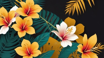 Obraz premium Vibrant tropical flowers and lush green leaves beautifully contrast against a sleek black background.