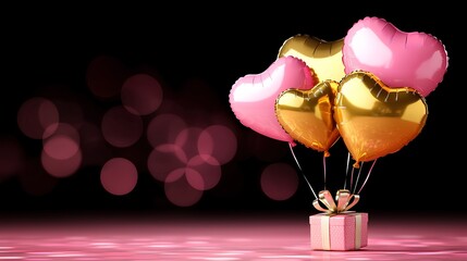 Heart-Shaped Balloons and Gift Box Against a Soft Bokeh Background