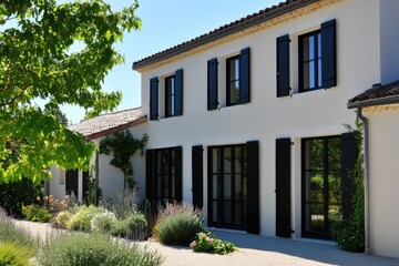 Fototapeta premium Charming white house with black shutters in a sunny garden, showcasing warm weather and vibrant greenery during the summer season
