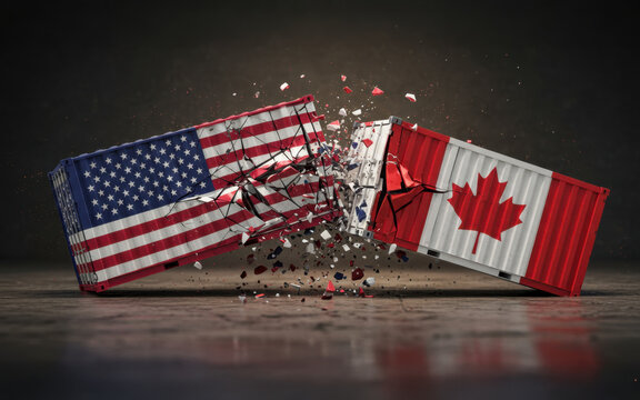 canada and us trade war ,shipping containers colliding and exploding mid-air metallic shreds, political and economic fight for power worldwide