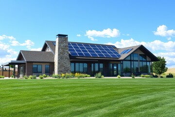 Obraz premium Contemporary eco-friendly residence featuring solar panels, enveloped by a vibrant green lawn, all set against a bright blue sky during daylight hours