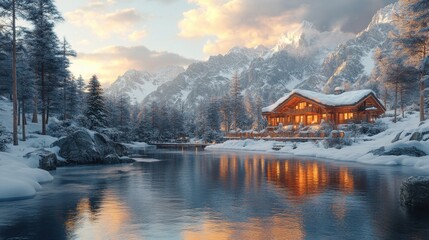 Fototapeta premium Cozy mountain lodge with snowy peaks