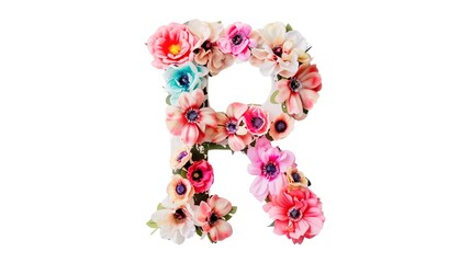 the letter R made up of colorful flowers, creating a unique and beautiful design. The floral arrangement features various shades of pink, purple, and white.