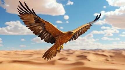 Fototapeta premium Majestic Eagle Soaring Over Golden Desert Landscape Against Blue Sky