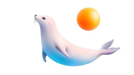 Playful Seal with a Bright Orange Ball in a Minimalistic Style